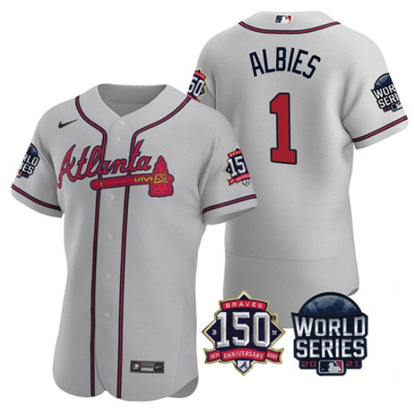 Men's Atlanta Braves #1 Ozzie Albies 2021 Gray World Series With 150th Anniversary Patch Stitched Baseball Jersey